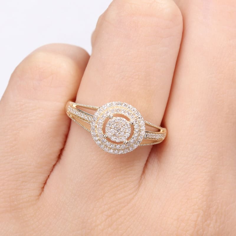 Miadora 1/4ct TDW Diamond Double Halo Split Shank Ring in 10k Yellow Gold