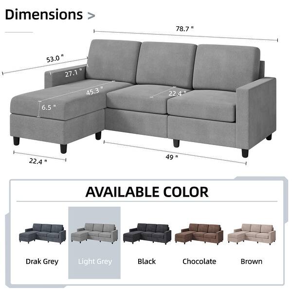 dimension image slide 4 of 6, Futzca Modern L-shaped Convertible Sectional Sofa w/ Reversible Chaise