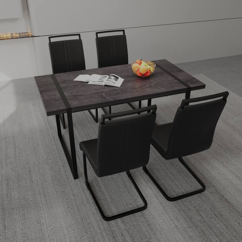 5-Piece Farmhouse Dining Set with Metal Frame, Leather Upholstered Dining Chairs Black Rectangular Side Table