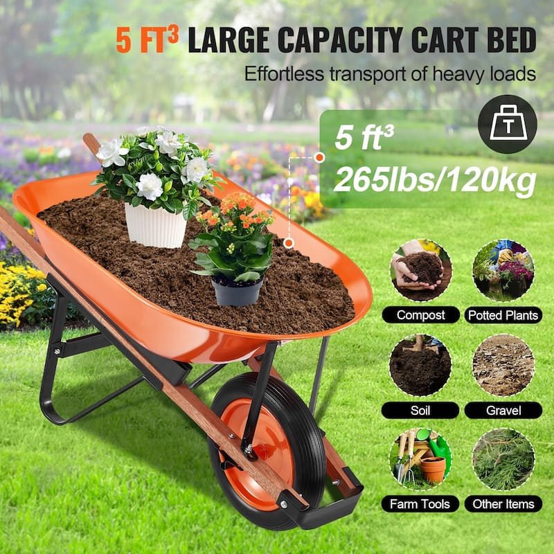 Orange Iron PU Garden Wheelbarrow 265lbs Cart w/ith Foam Tire 16" - 55.12 x 24.41 x 22.83 in