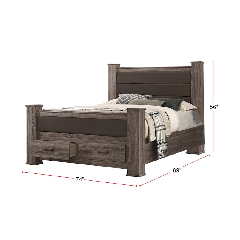 Upholstered Bed With Drawers In Weathered Grey