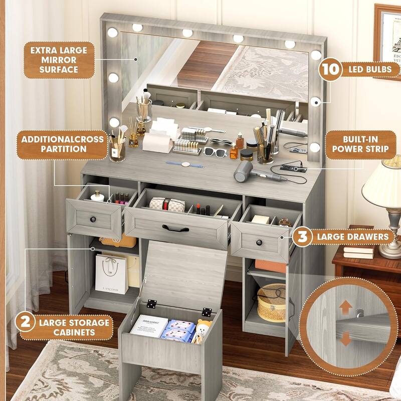 43.3'' Wide Makeup Vanity Dressing Table with Adjustable Lighted Mirror and Stool, Power Outlet