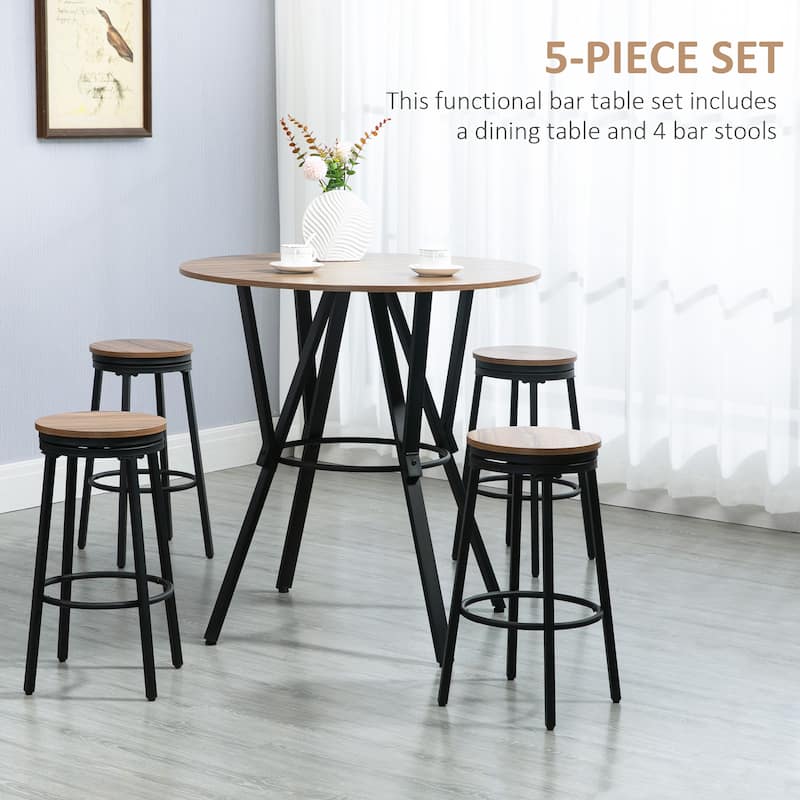 5-Piece Bar Table and Chairs Set with Swivel Seat, Industrial Round Dining Table & 4 Stools for Pub, Kitchen, Light Brown
