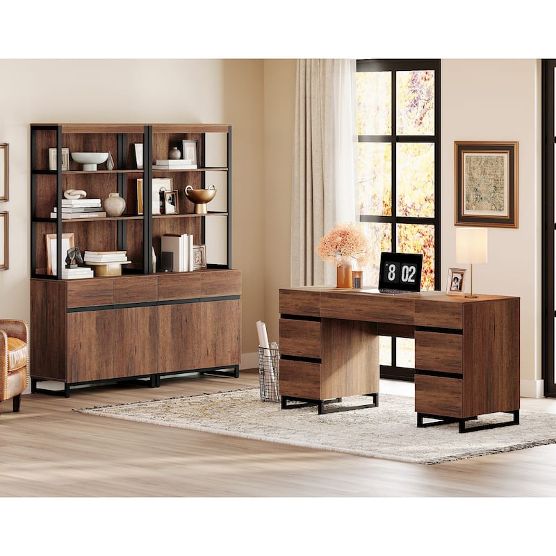 WAMPAT 59in Modern Executive Desk with Charging Station & Drawers and 2 PCS 72in Tall Bookcases with Storage Cabinet. - Brown