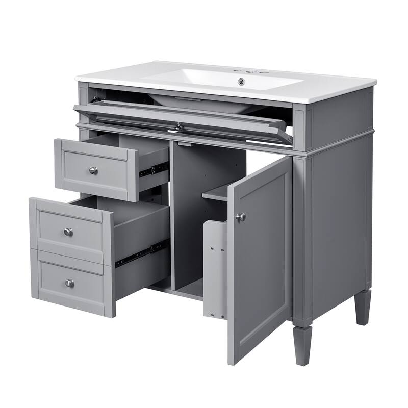Modern Single Sink Bathroom Vanity Cabinet with Door Rack, Tip-out Drawer, 2 Pull-out Drawers, Metal Knobs and Adjustable Shelf