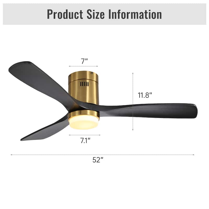 Sofucor 52" Low Profile Flush Mount Noiseless Ceiling Fan with Light and Remote,3 Solid Wood Blades,6 Speed Levels