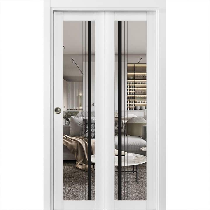 Bi-fold Doors 36 x 80 Lucia 2566 White Silk Clear Glass Sturdy Tracks - White - 56" x 96" ( 2* 28x96)