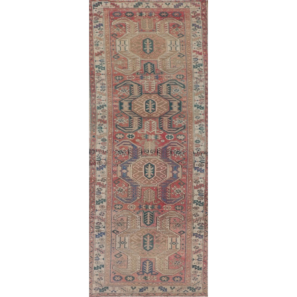 Pink Geometric Ardebil Persian Vintage Runner Rug Handmade Wool Carpet - 3'6" x 10'7"