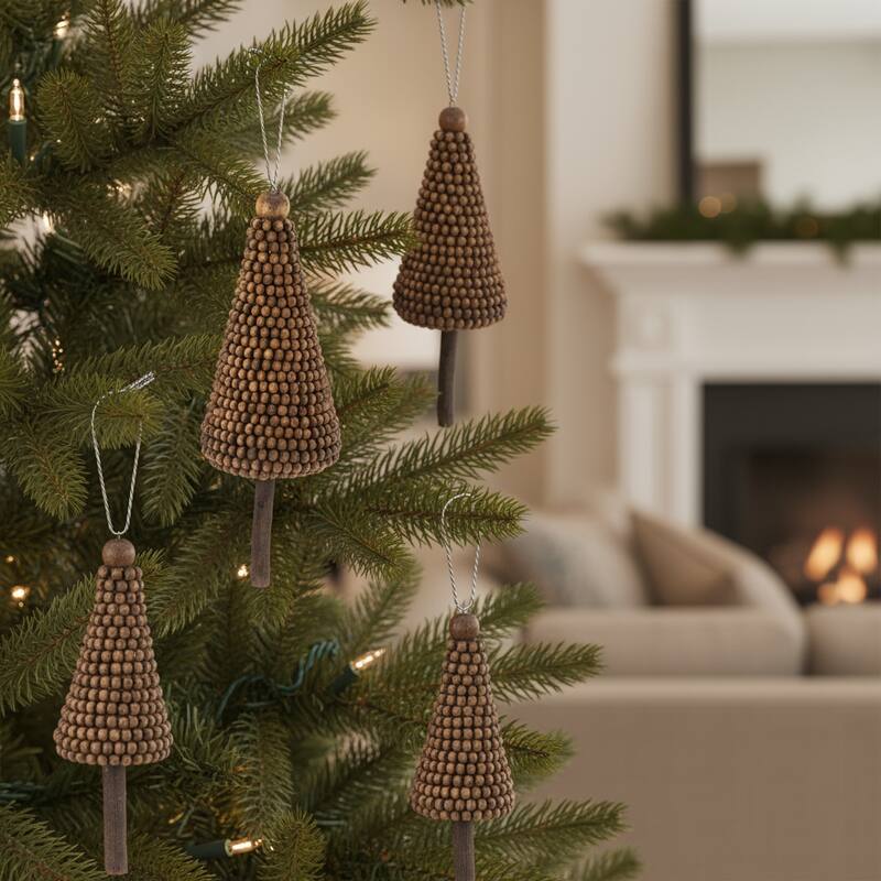 HomeRoots Set of Four Brown Wood Christmas Tree Shaped Ornaments - Wood/Plastic - Brown