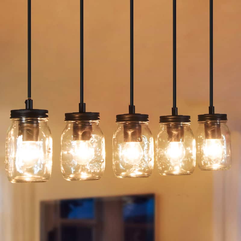 Modern Rustic Mason Jar Glass Kitchen Island Pendant Lights Farmhouse 5-light Bar Chandelier - L29" * W4.72" * H69"