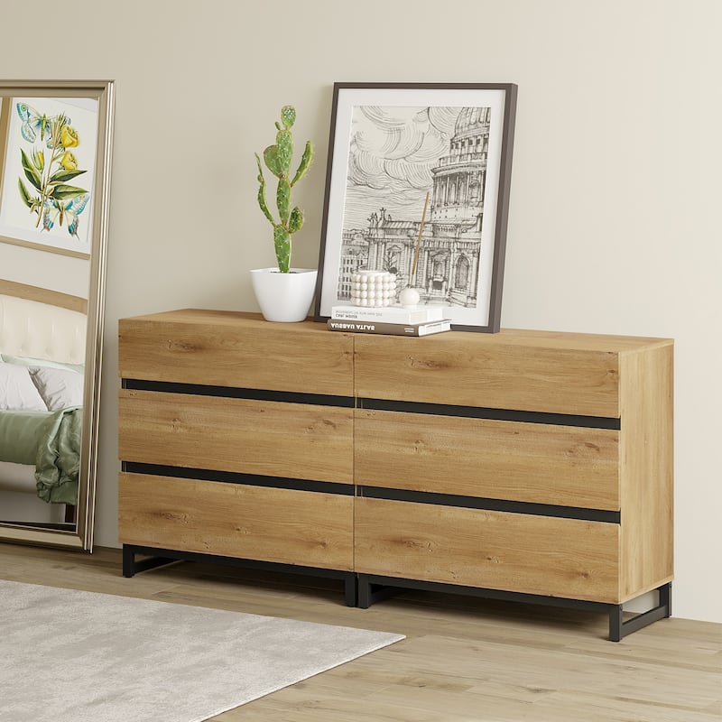 Dresser for Bedroom, Closet Organizers and Storage, Chest of Drawers with Metal Base, Modern Wood Dresser for Living Room - Oak - 6-drawer