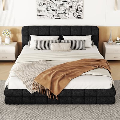 Queen Size Low Grounded Bed with Headboard, Upholstered Platform Bed Frame with Wood Slats Support, No Box Spring Required