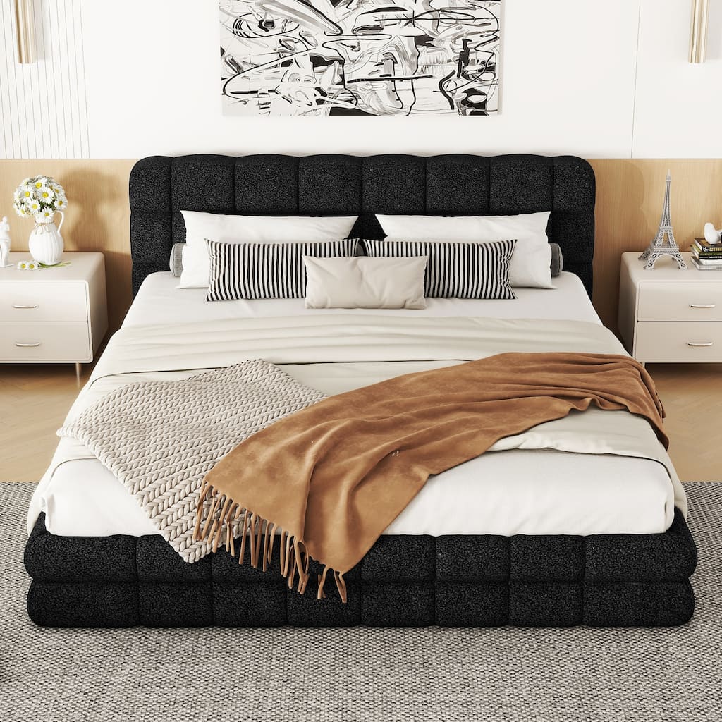 Queen Size Low Grounded Bed with Headboard, Upholstered Platform Bed Frame with Wood Slats Support, No Box Spring Required