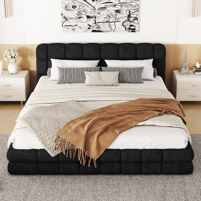 Queen Size Upholstered Platform Bed in Black with Headboard and Sturdy Construction - Black