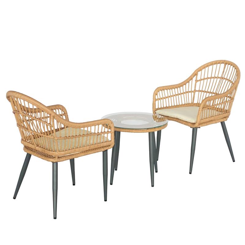 3 Pieces Bistro Set Outdoor Conversation Sets with Glass Top Table and Cushions for Porch,Backyard, Balcony,Poolside
