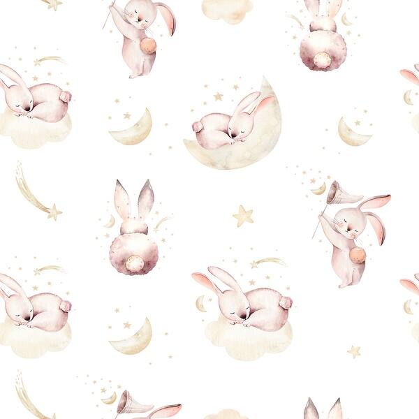 slide 2 of 3, Nursery Happy Bunny Removable Wallpaper - 24'' inch x 10'ft 24'' inch x 10'ft - Mauve