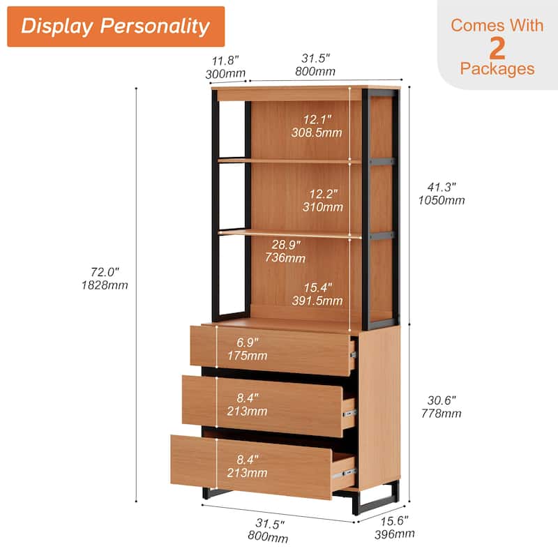 WAMPAT Modern 72" Tall Bookcase with Drawers and Open Book Shelfs, Library Book Shelf for Home Office, Living Room