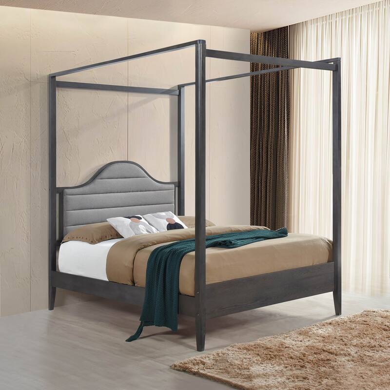 Upholstery Headboard Canopy Queen Bed 1pc Wooden Bedroom Furniture
