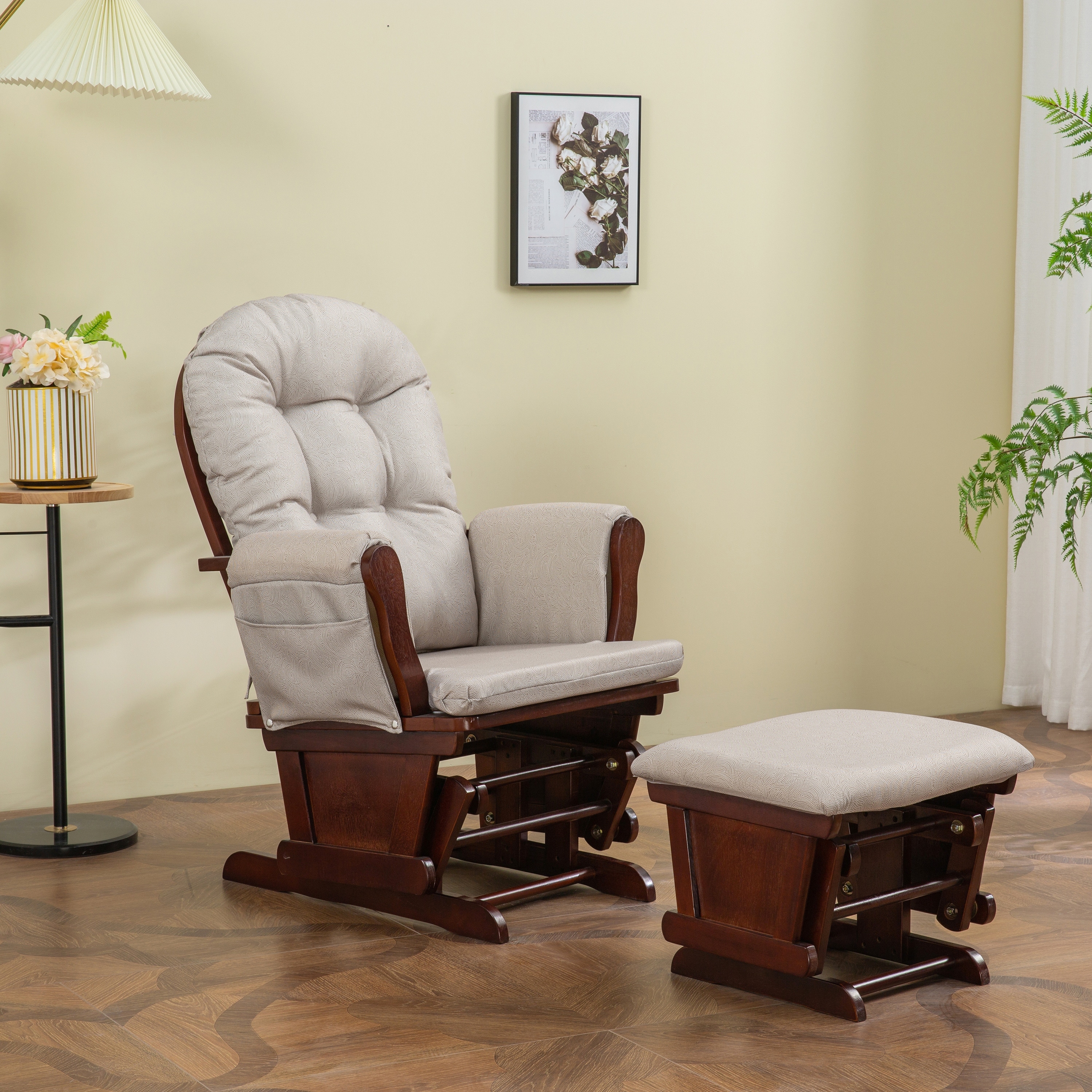 Storkcraft bowback glider and ottoman cherry finish and beige hotsell cushions