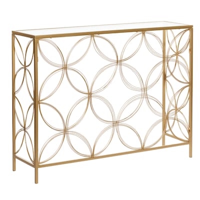 Metal Geometric Open Style Quatrefoil Frame Console Table with Glass Top - Gold - Roche River Decor - 12"Wx42"Lx32"H