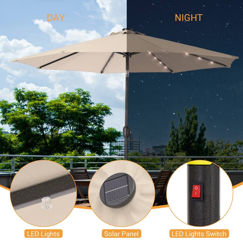 LIVOOSUN 9Ft Solar-powered Large Round Outdoor Patio Market Umbrella with Crank