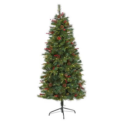6ft. Mixed Pine Artificial Christmas Tree with 250 Clear LED Lights, Pine Cones & Berries - Natural Holiday X-Mas Charm