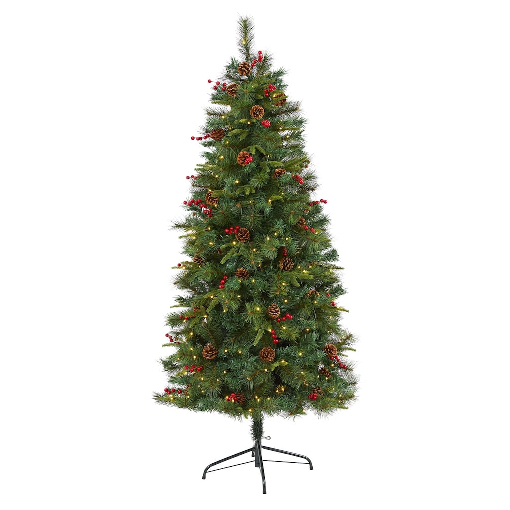 6Ft Artificial Christmas Tree with Lights - Holiday Decor, Pine Cones & Berries, Realistic Design - Green - 72