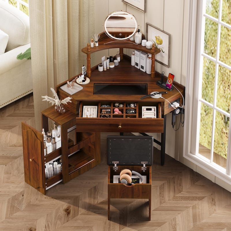 Triangle Makeup Desk with Removable Pull-Out Side Cabinet, Glass Tabletop Makeup Vanity with Drawer and Shelf