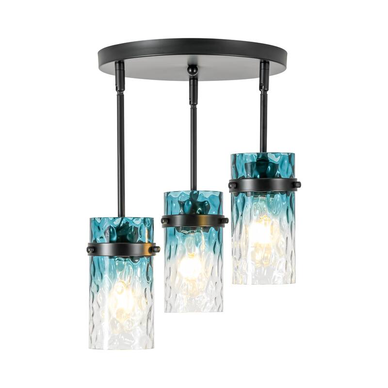 1/3-Light Coastal Matte Black Adjustable Pendant Light with Gradient Blue Hammered Cylinder Glass for Kitchen Island