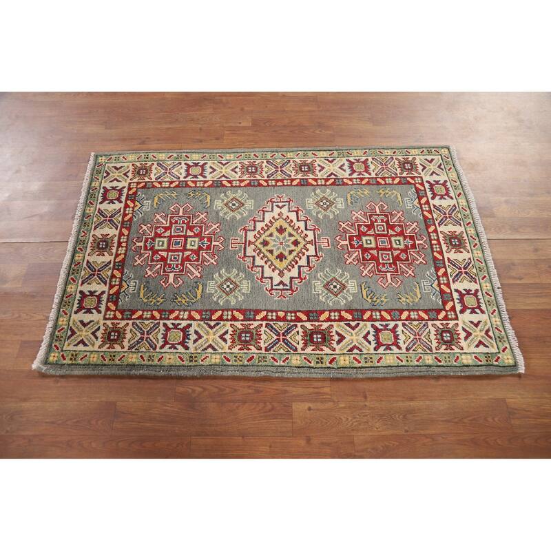 Geometric Kazak Foyer Rug Handmade Grey Wool Handmade Wool Carpet - 2'8" x 4'2"
