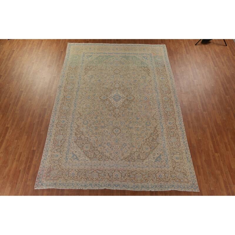 Muted Distressed Kashan Persian Antique Rug Hand-knotted Wool Carpet - 9'3" x 13'4"