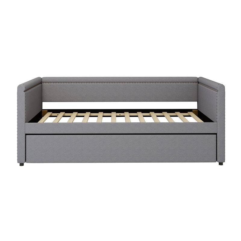 Upholstered Daybed, Twin Size Sofa Bed, Nailhead Trim Curved Arms Guest Bed with Trundle Bed, Platform Bed, Low Profile Bed