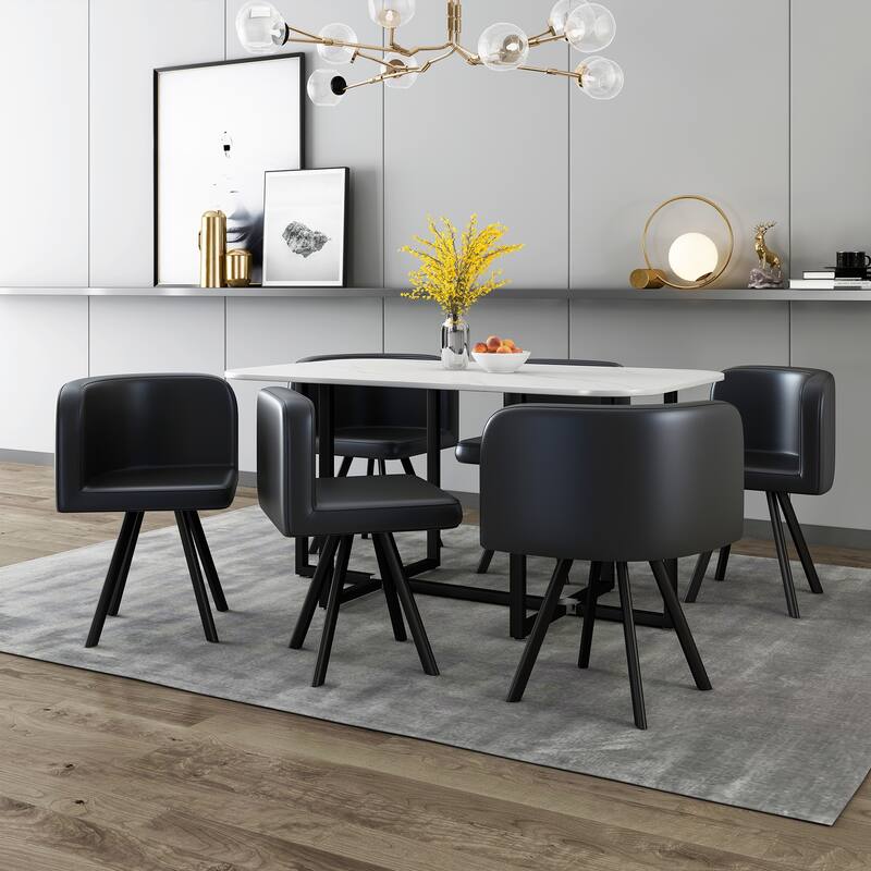 Modern Style 7-Piece Dining Set with Rectangular Marble-style Table and 6 Upholstered Dining Chairs