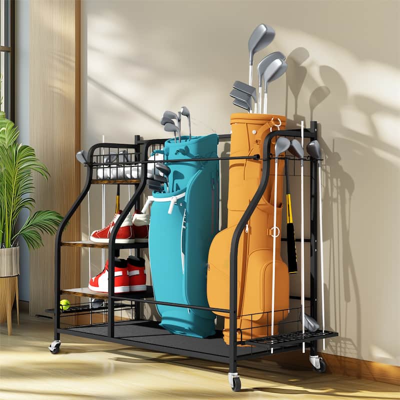 Multifunctional Golf Bags Organizer Rack Rolling Golf Equipment Storage Shelves on Wheels