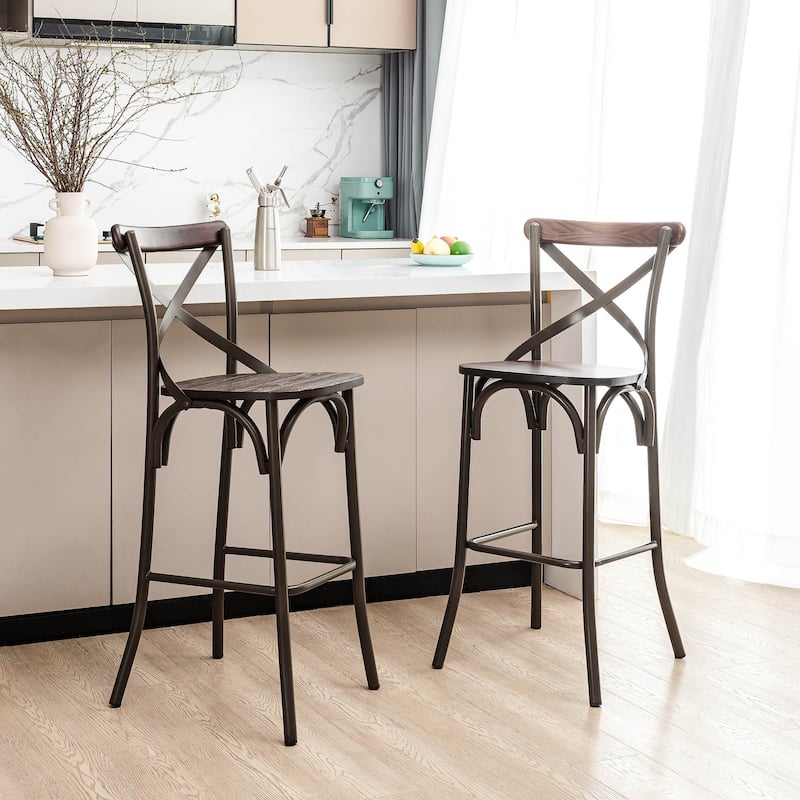Glitzhome Industrial Rustic High Bar Stools with Wood Seat - Set of 2 - Brown with Back