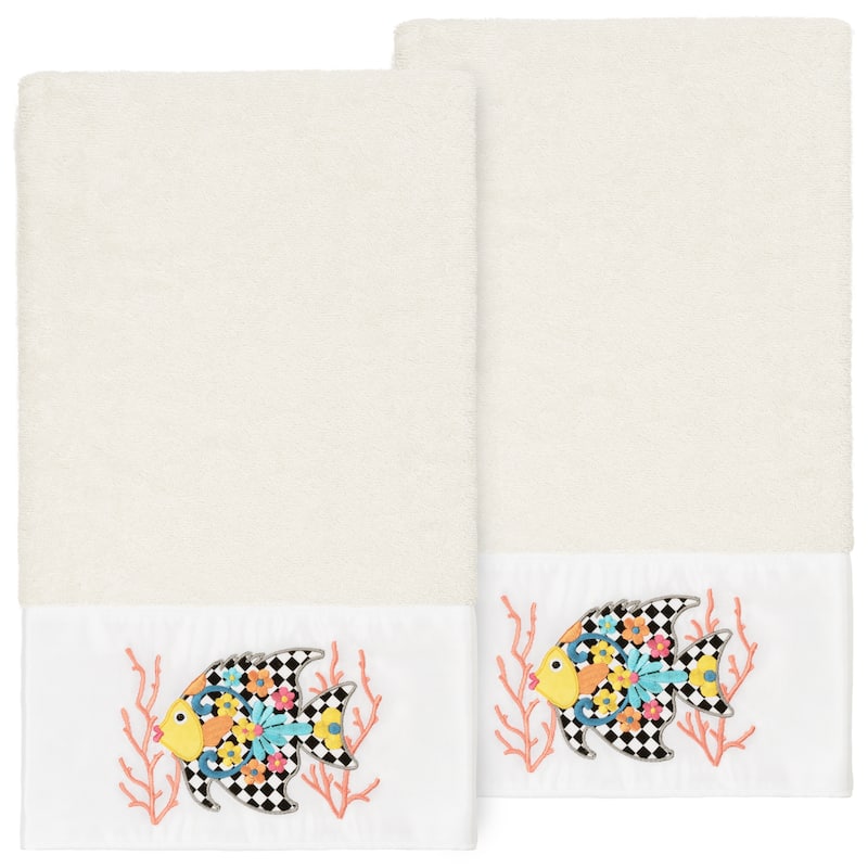Authentic Hotel and Spa 100% Turkish Cotton Feliz 2PC Embellished Bath Towel Set - Cream