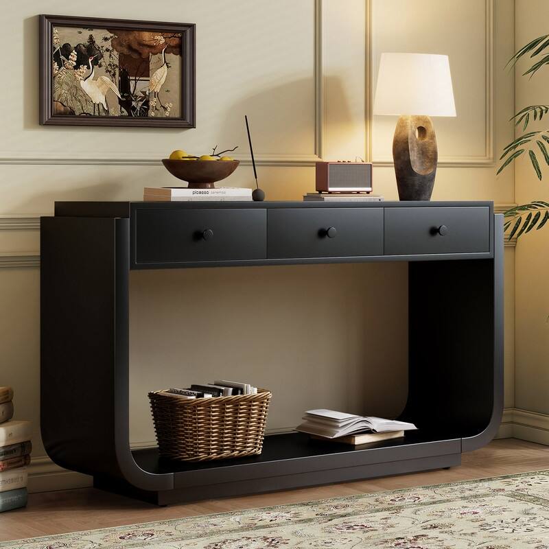 Mid-Century Modern Console Table with 3 Storage Drawers and Display Shelf for Entryway or Living Room Use