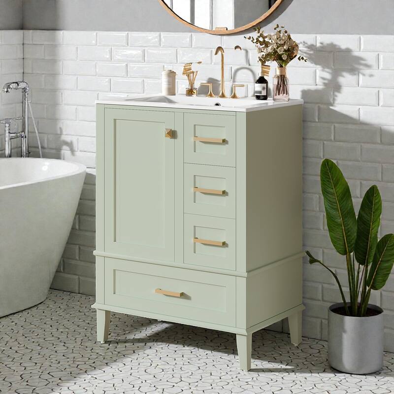 24.8" Bathroom Vanity with Ceramic Sink, Freestanding Cabinet with Soft-Close Door and 3 Drawers, Modern Style