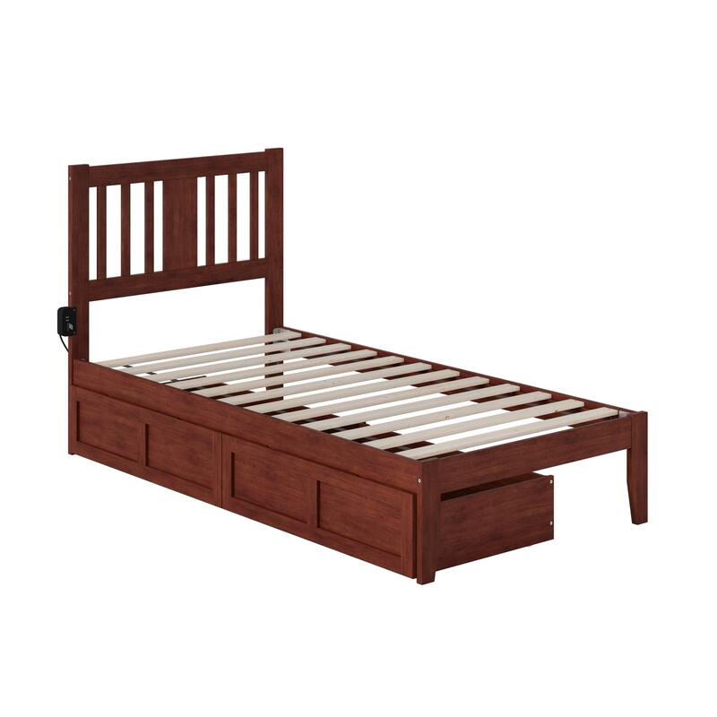 Twin Bed with USB - Solid Wood Frame, 2 Drawers, Storage & Charger - 600lb Capacity
