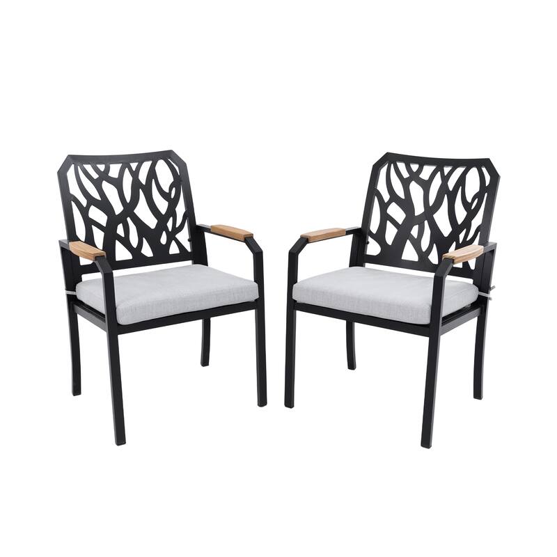GDFStudio - Aaron Outdoor Patio Aluminum Dining Chairs with Sunbrella Cushions,Branch-Like Backrest, FSC-Certified Wood Armrests