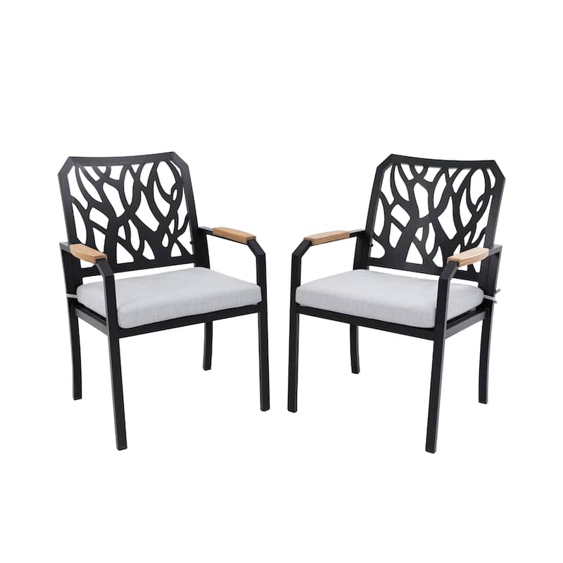 GDFStudio - Aaron Outdoor Patio Aluminum Dining Chairs with Sunbrella Cushions,Branch-Like Backrest, FSC-Certified Wood Armrests