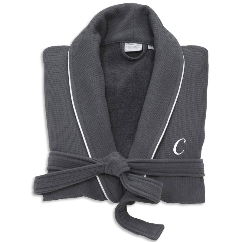 Authentic Hotel and Spa Dark Grey Unisex Turkish Cotton Waffle Weave Terry Bath Robe with White Script Monogram - Small/Medium - C