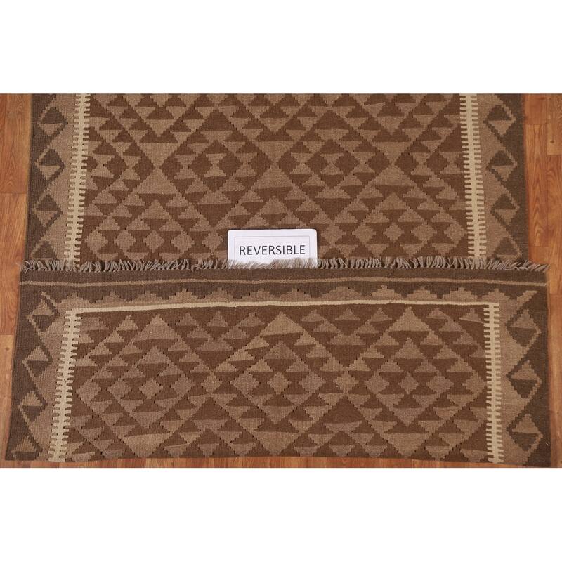 Hand-woven Geometric Kilim Area Rug Oriental Brown Wool Carpet - 5'0" x 6'10"