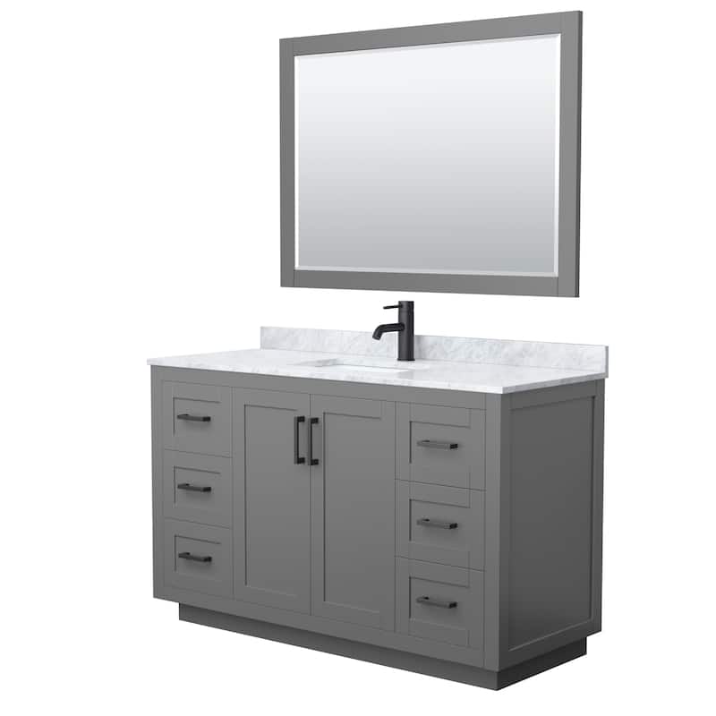Miranda Single Vanity Set, White Carrara Marble Top, 46-Inch Mirror - 54-Inch Single - Dark Gray, Black Trim, White Carrara Marble Top