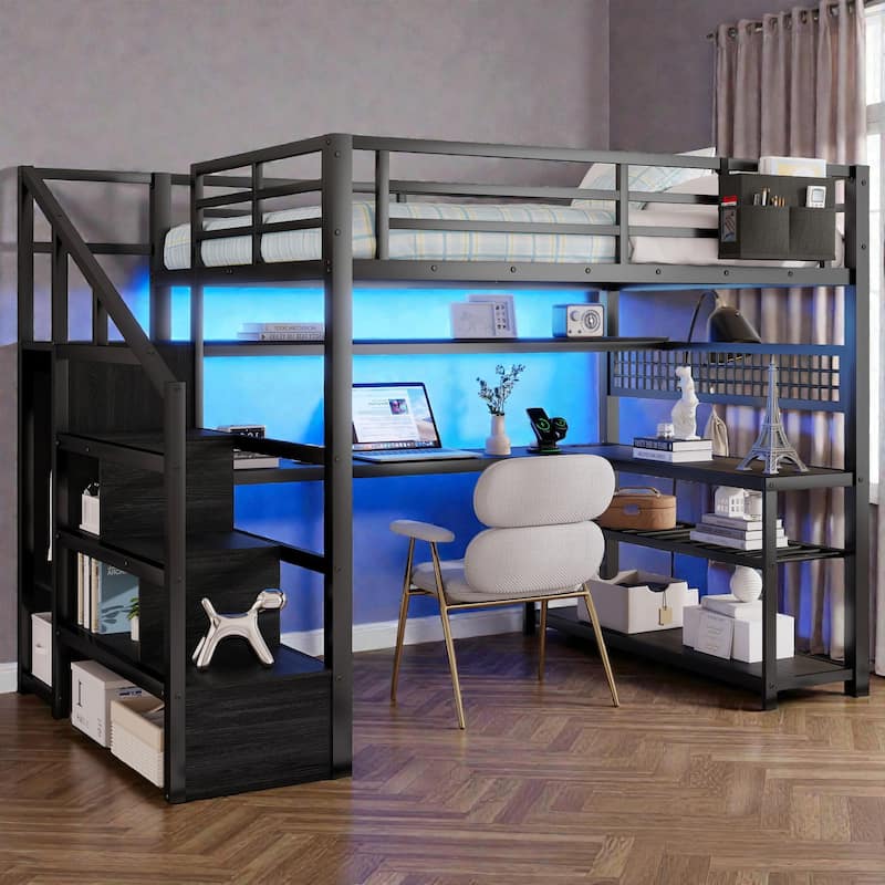 Full Size Metal Loft Bed with Staircase Storage, Wardrobe, L-Shaped Desk, Shelves, LED Lights and USB Charging Station - Black - Full