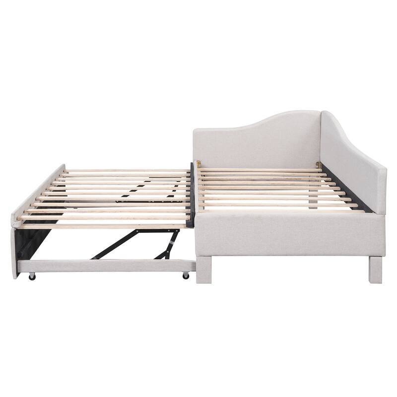 Twin Size L-Shaped Upholstered Daybed with Pull-Out Trundle, Linen Fabric, Convertible to Irregular King