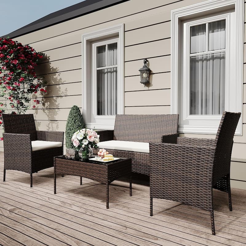 4 Pieces Rattan Wicker Chairs with Glass Coffee Table