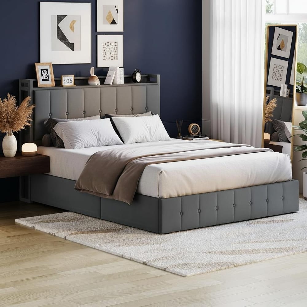 Bed Frame with Lift Up Storage and Storage Headboard