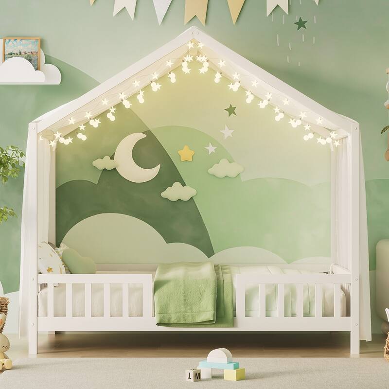 Twin Bed Frame for Kids, House Shape Toddler Bed Frame with High Railings, Wood Kids Bed with Roof
