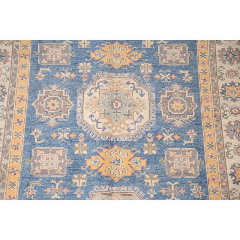 Geometric Blue Kazak Living Room Area Rug Hand-Knotted Wool Carpet - 6'8" x 9'9"